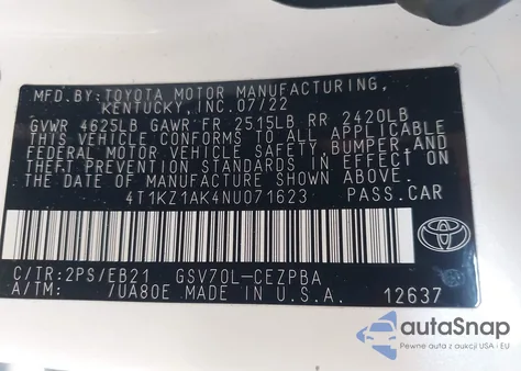 2022 Toyota Camry Trd z USA, uszkodzony, nr VIN 4T1KZ1AK4NU071623